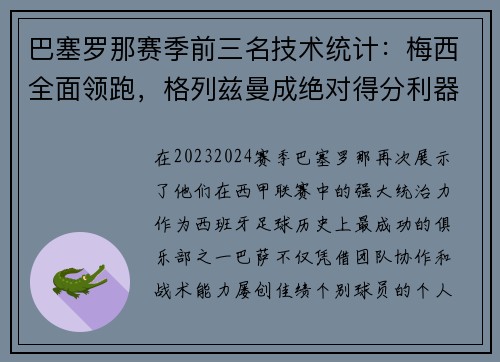 巴塞罗那赛季前三名技术统计：梅西全面领跑，格列兹曼成绝对得分利器
