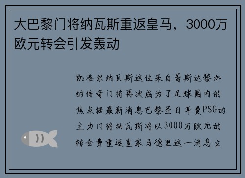 大巴黎门将纳瓦斯重返皇马，3000万欧元转会引发轰动