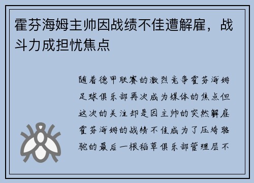 霍芬海姆主帅因战绩不佳遭解雇，战斗力成担忧焦点