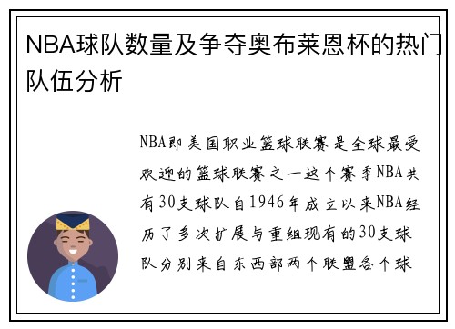 NBA球队数量及争夺奥布莱恩杯的热门队伍分析